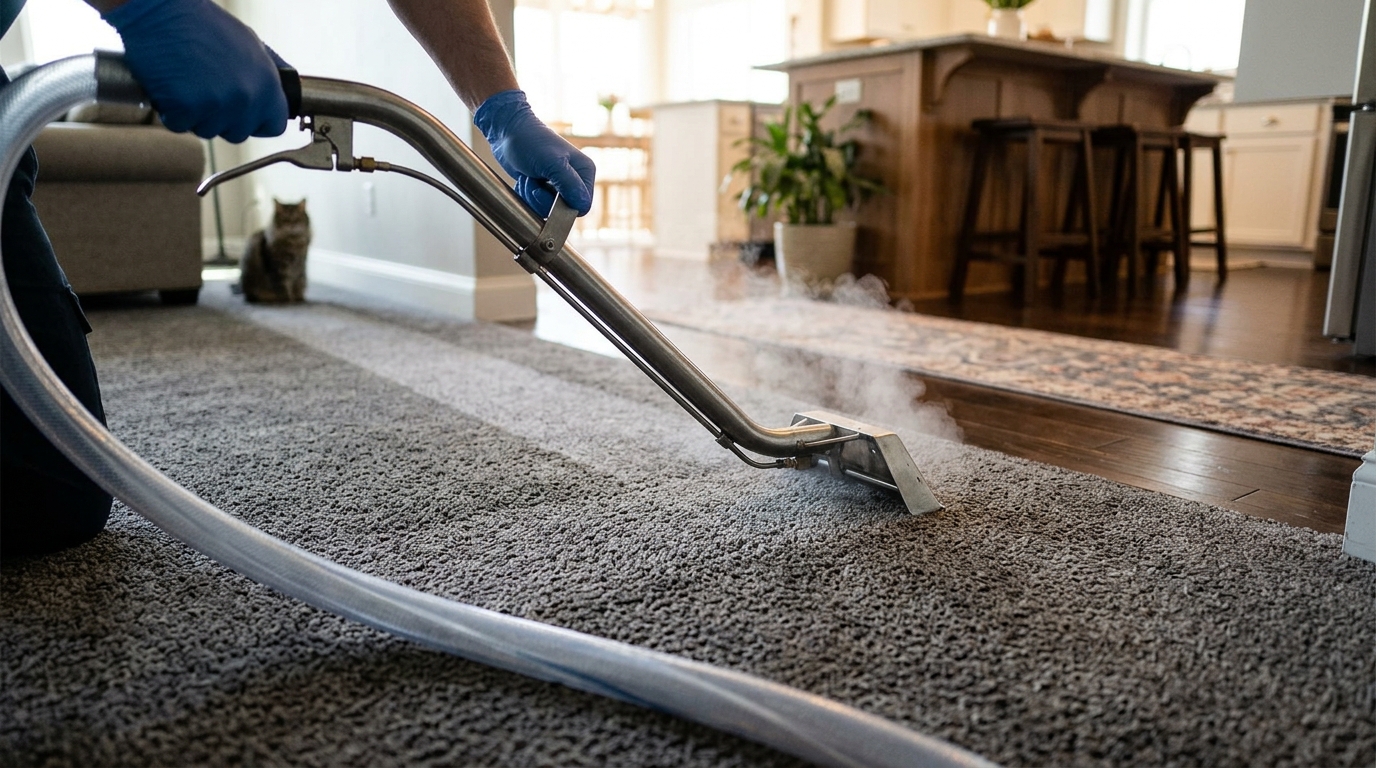 Professional carpet cleaning wand extracting dirt and leaving clean lines on a plush residential carpet.