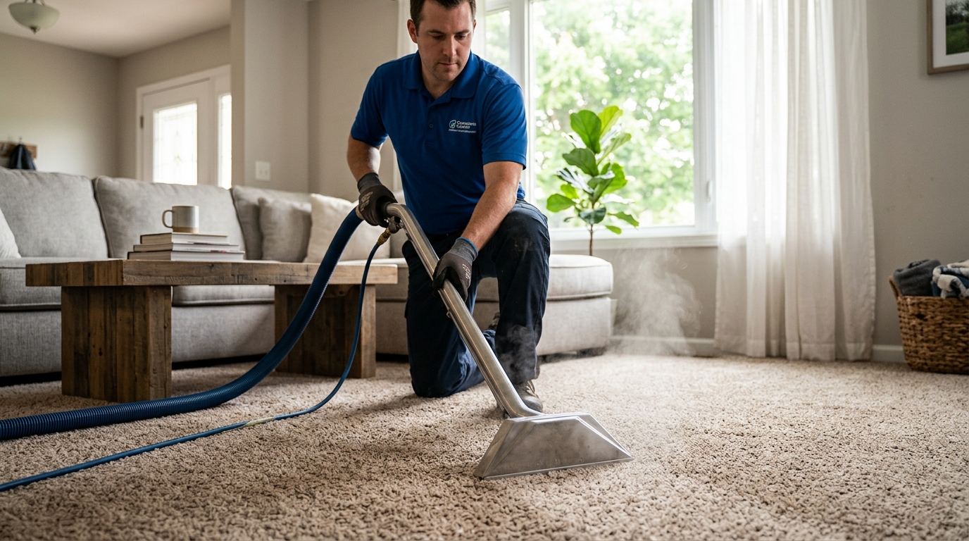 Professional carpet cleaning wand extracting dirt and leaving clean lines on a plush residential carpet.