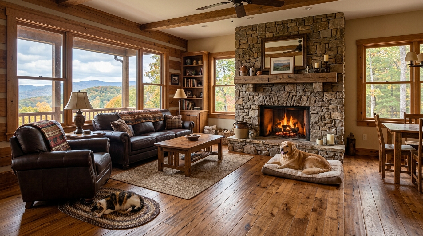 Clean and polished natural oak hardwood floors in a bright living room